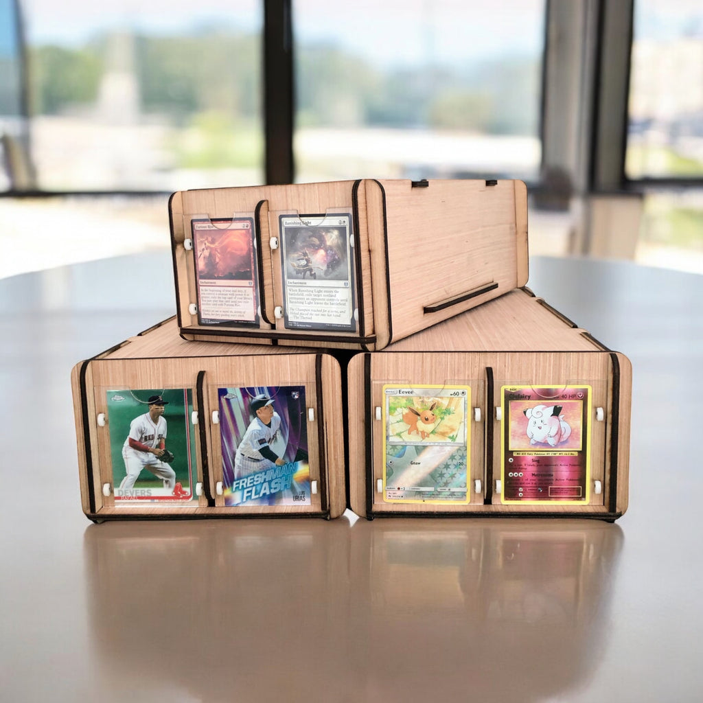 Three CCG/TCG Collectible Card Deck Boxes with Display Frames & Dividers. Display, Organize, Store Game Cards and Trading Cards,