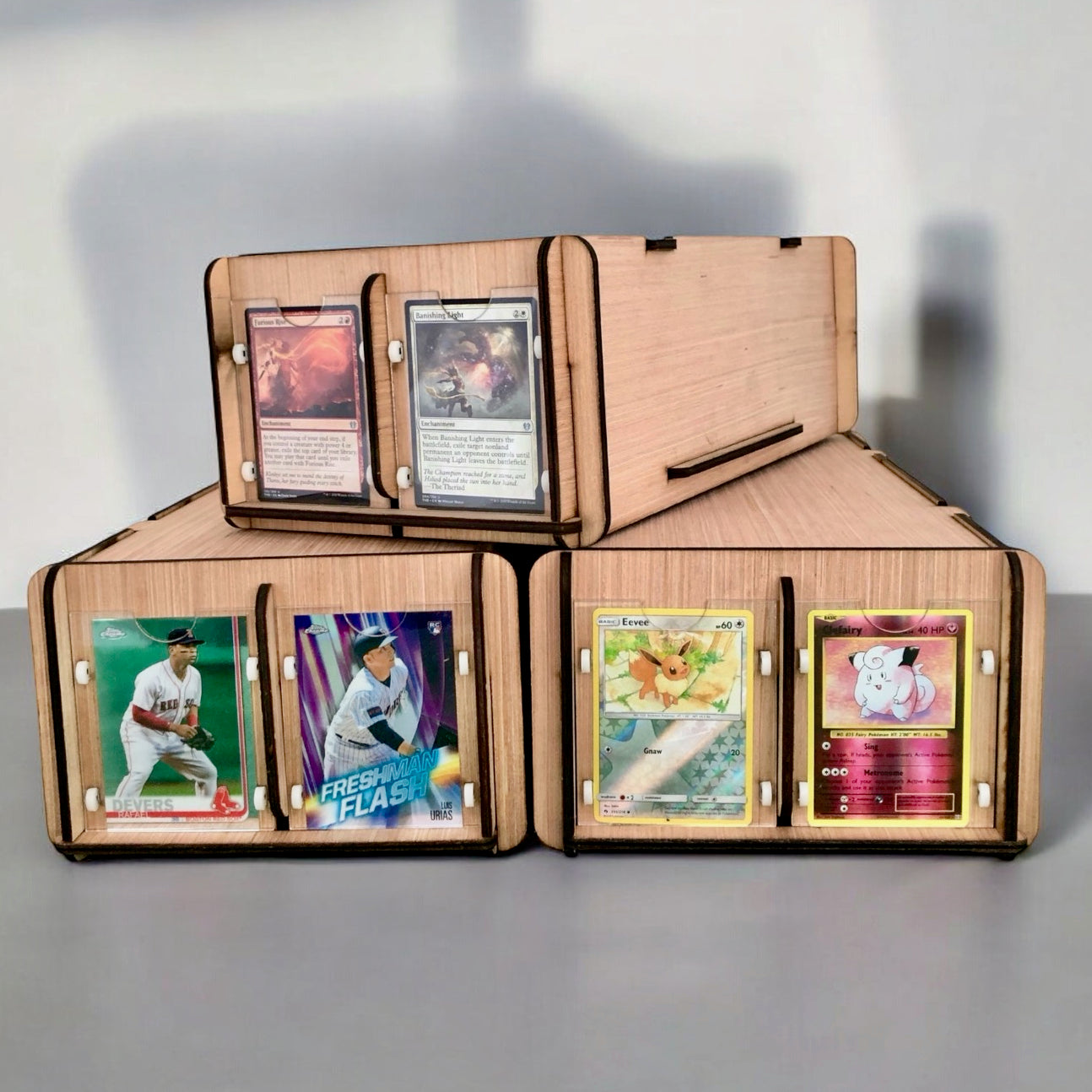 Three CCG/TCG Collectible Card Deck Boxes with Display Frames & Dividers. Display, Organize, Store Game Cards and Trading Cards Three CCG/TCG Collectible Card Deck Boxes with Display Frames & Dividers. Display, Organize, Store Game Cards and Trading Cards