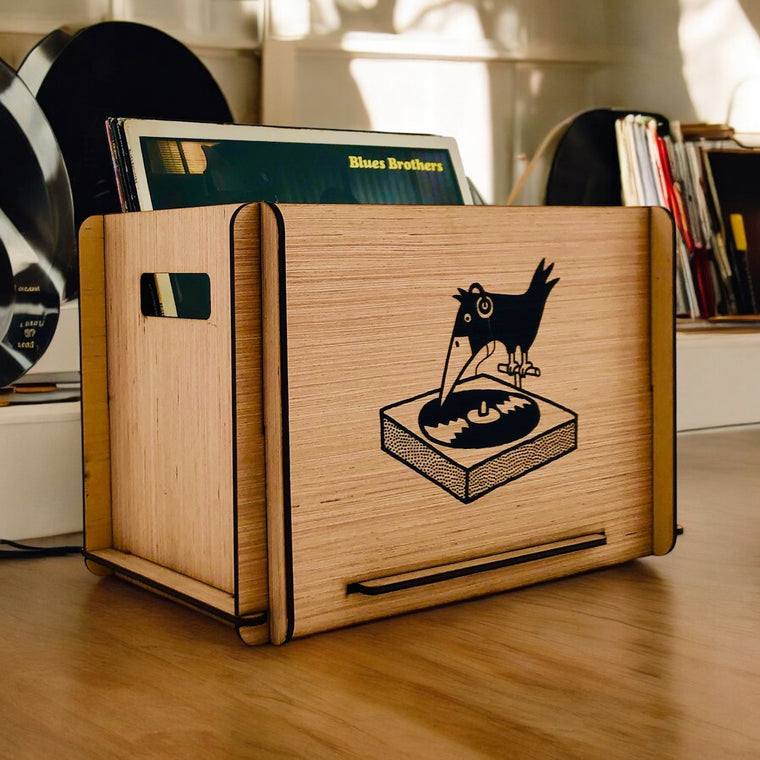 Vinyl LP  Record Storage Crate with Black Bird - Great Gift For Vinyl Collector - Perfect for Dorm or Studio - Great Gift!