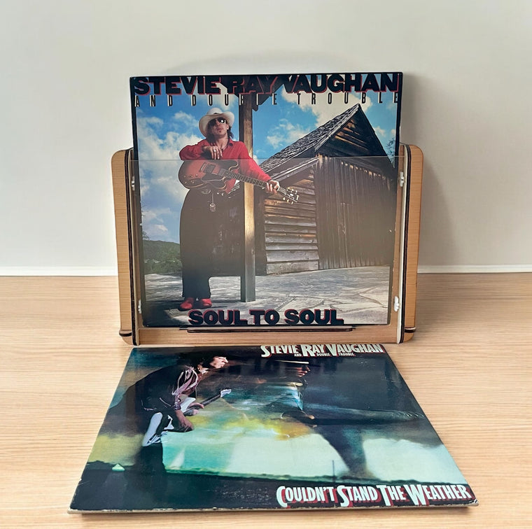 Two of the Late, Great Stevie Ray Vaughan Classic Vinyl LPs PLUS Record Storage & Display Crate. Great Gift for Any Blues/Rock Fan or Serious Vinyl Collector!