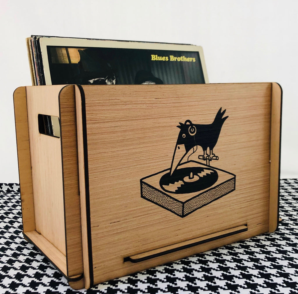Vinyl LP  Record Storage Crate with Black Bird - Great Gift For Vinyl Collector - Perfect for Dorm or Loft
