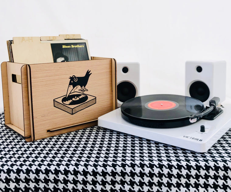 Vinyl LP  Record Storage Crate with Black Bird - Great Gift For Vinyl Collector - Perfect for Dorm or Studio - Great Gift!